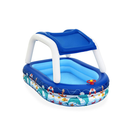 Piscina inflável Bestway 213x155x132 cm com barco, cobertura protetora e leme com buzina.