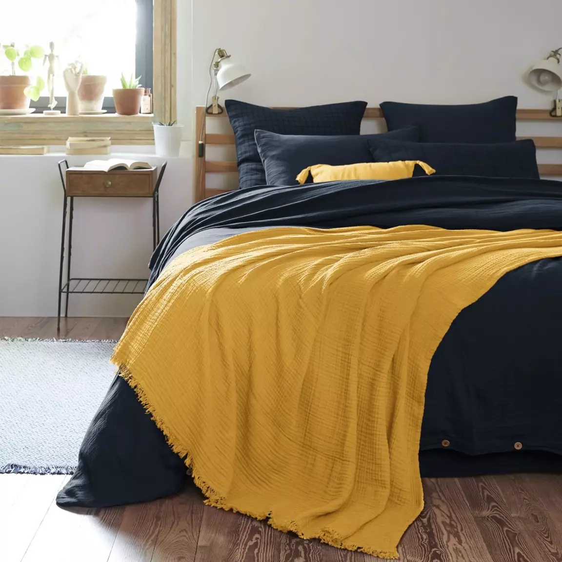 Plaid gaze de coton (180 x 220 cm) Gaïa Jaune safran