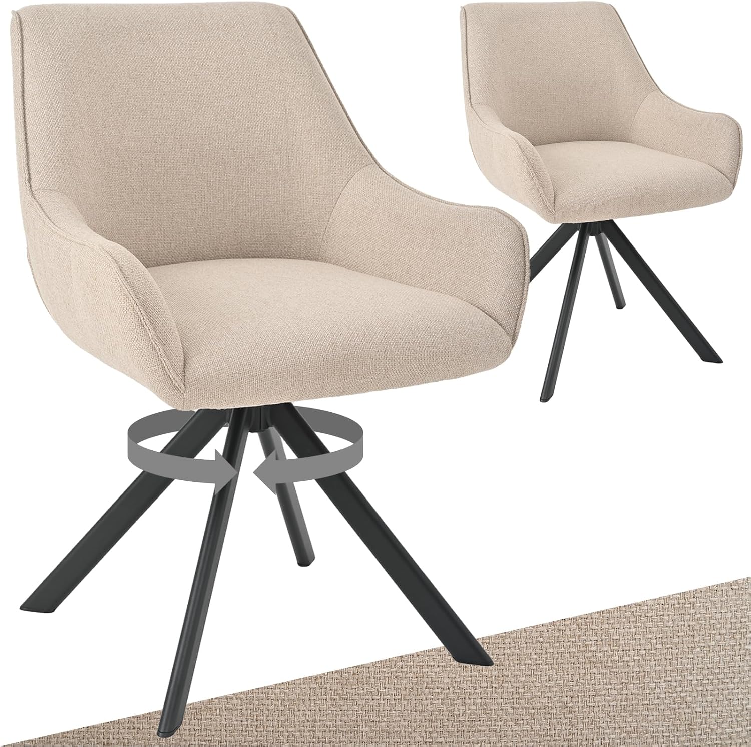 Esszimmerstühle Drehbar 2er Set mit Armlehne – 360°Drehbar Polsterstuhl Leinen Modern Drehstuhl Küchenstuhl mit Metallgestell und Rückenlehne für Esszimmer, Wohnzimmer, Büro, Beige