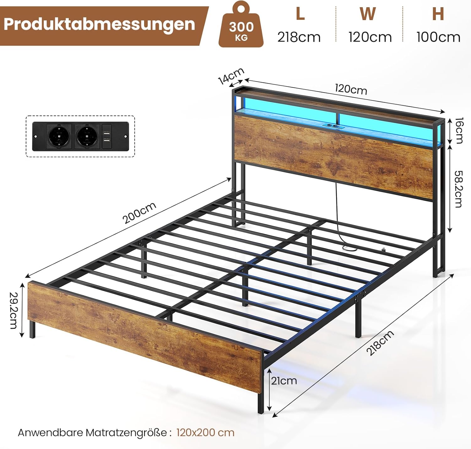 Bett 120x200cm mit LED Beleuchtung und 2 USB+2 AC Steckdose Metallbett Bettgestell 120x200 mit Metallrahmen &Holzkopfteil mit Stauraum, Bettrahmen Doppelbett Robust und Stabil Leichte Montage