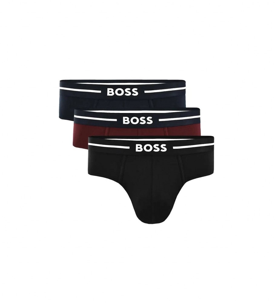 Conjunto de 3 cuecas BOSS nas cores preta, bordô e azul-marinho.