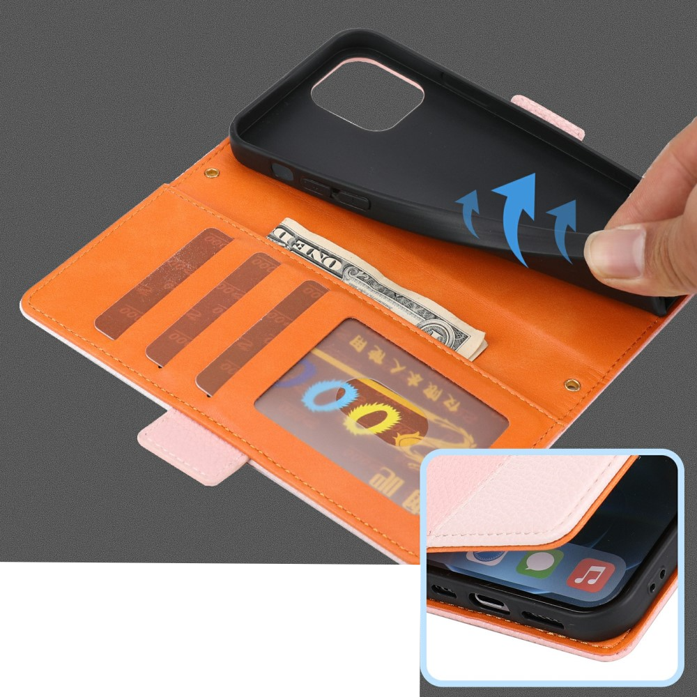 iPhone 12 / iPhone 12 Pro Leder Tasche Flip Cover Litchi Look mit Kartenfächern Geometrisches Design - Rosa / Weiss