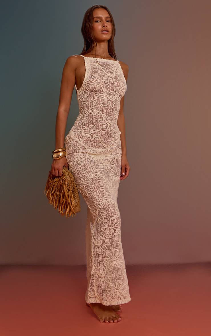 Crème Robe Maxi De Plage À Bretelles Avec Appliqués Floraux