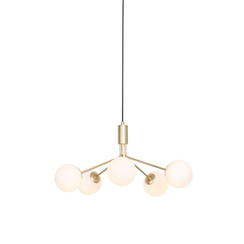 Art Deco hanglamp goud met opaal glas 5-lichts - Coby