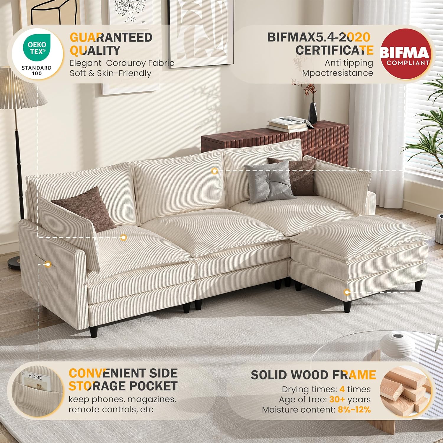 APICIZON Sofa mit Schlaffunktion, Cloud Couch, Sofa L Form, Eckcouch-275x132x80cm, Sofas XXL, Wohnzimmer Cord Schlafcouch, Seitliche Magazin-Aufbewahrungstasche, Beige