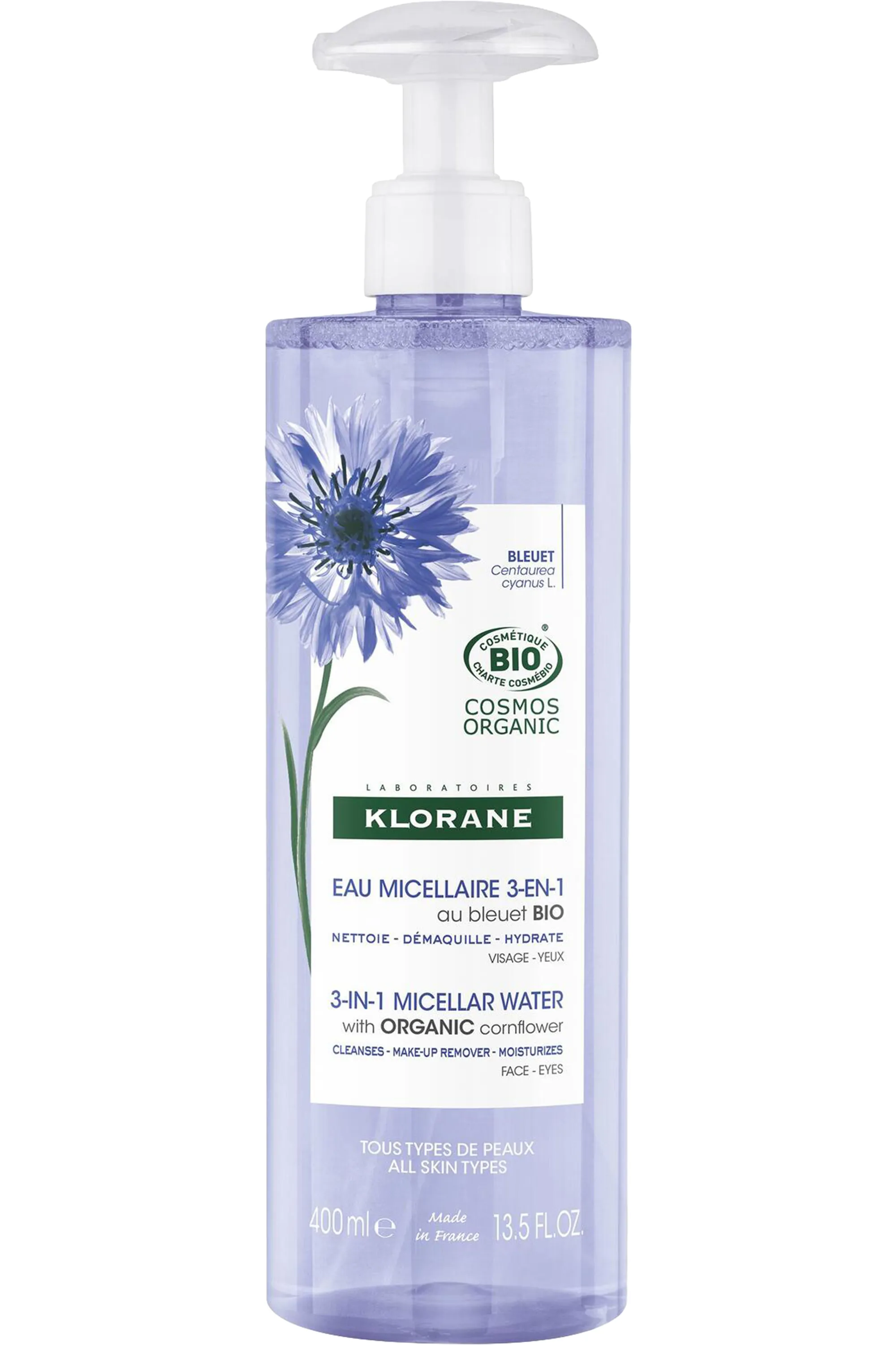 Klorane Eau micellaire visage yeux lèvres au bleuet bio-400 ml