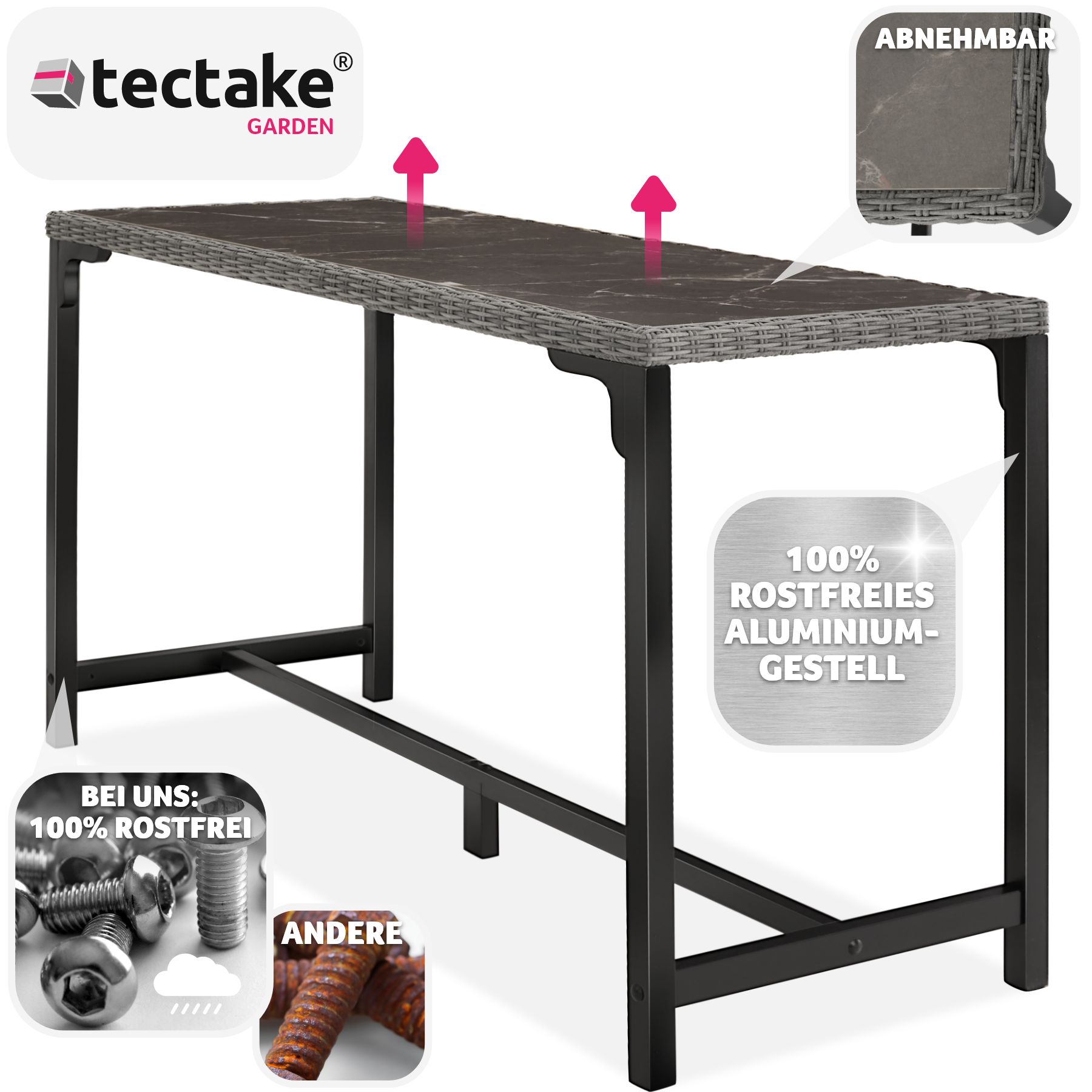 tectake® Rattan Tisch, mit Aluminium- und Holzgestell, wetterfest und UV-beständig, 161 x 64,5 x 99,5 cm