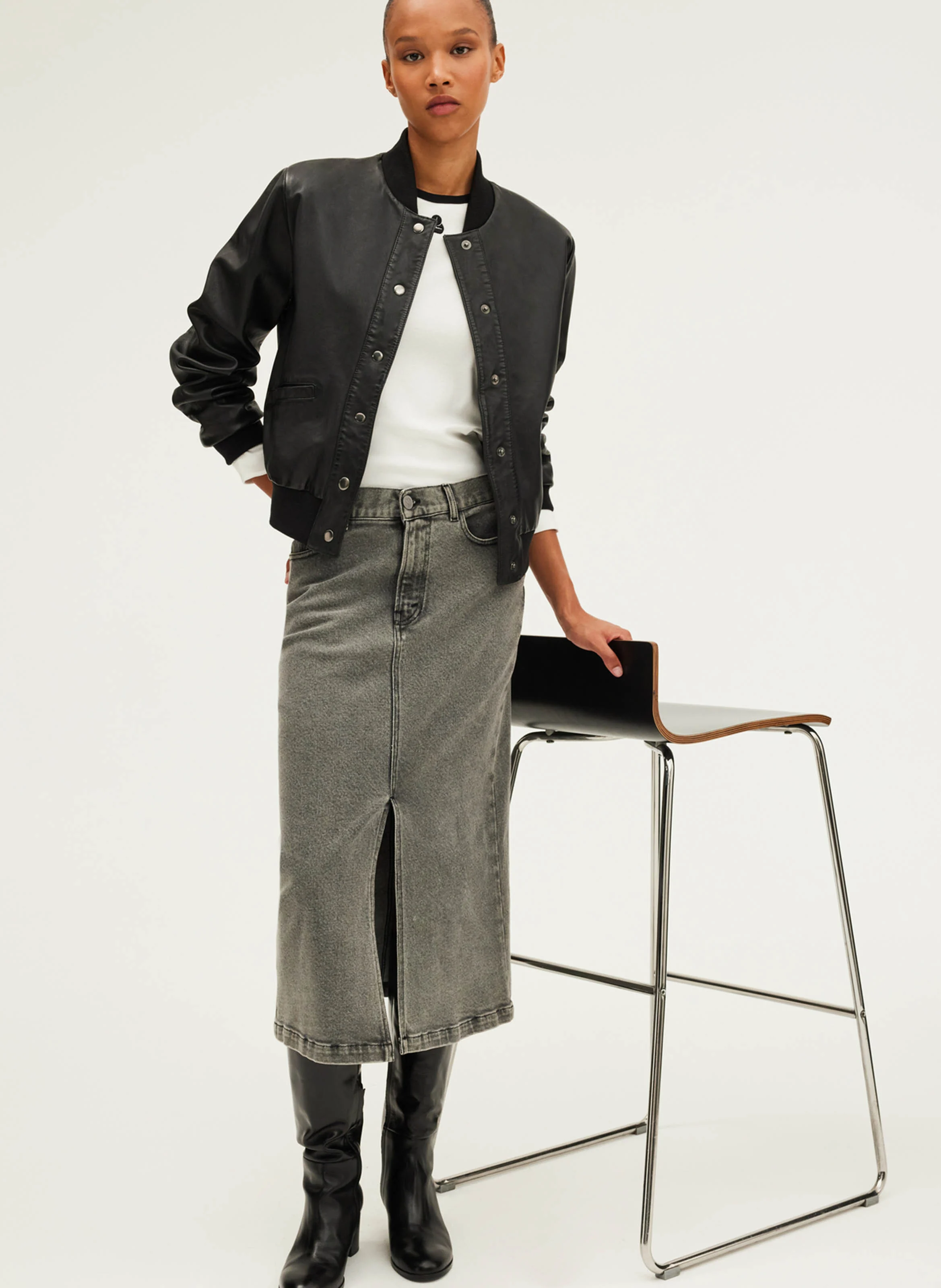 CLAUDIA - Jupe midi en denim de coton mélangé | Gris