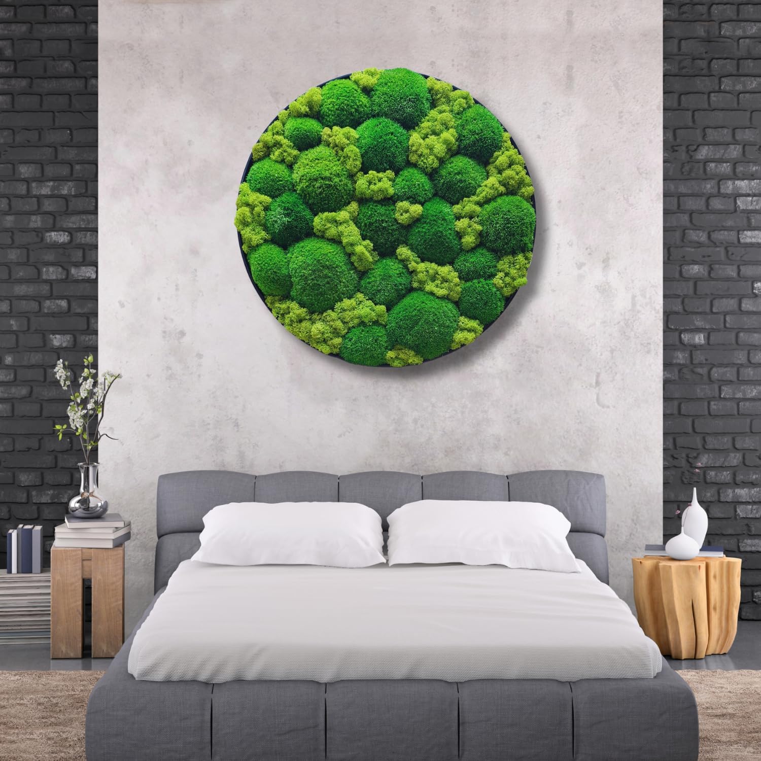 HelloMoss Moosbild mit Rahmen Rund – Wanddeko aus stabilisiertem Moos | Metallrahmen schwarz/weiß | 40/50/60 cm | Naturbild ohne Pflege | Dekoration für Büro & Zuhause (Weiß, 40 cm, Metall)