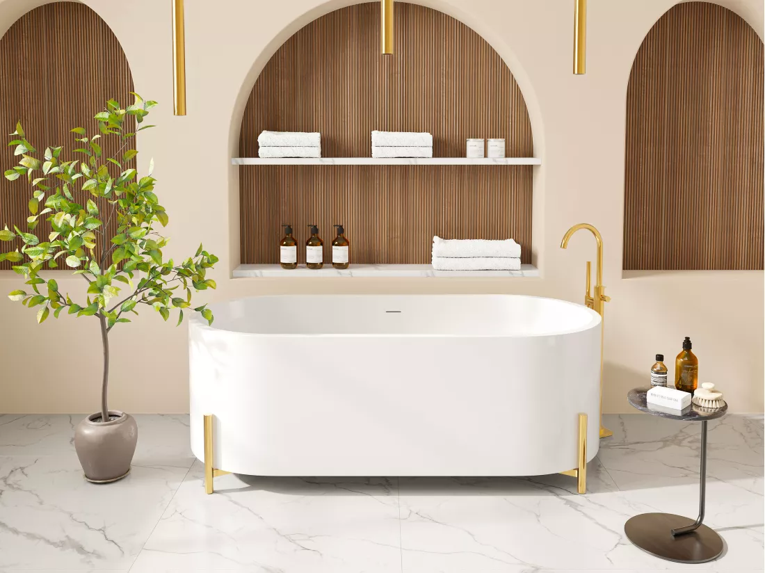 Baignoire îlot ovale blanche avec pieds dorés - 160 x 73,5 x 59 cm - ALONSA