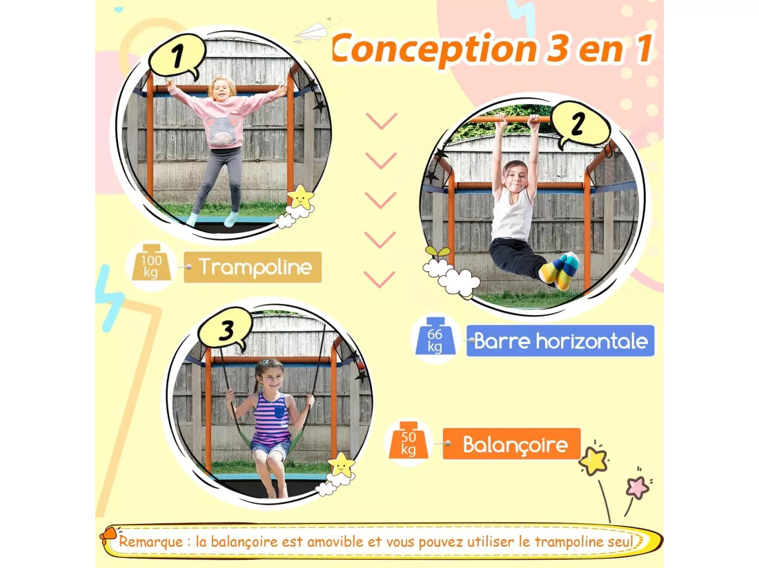 3 en 1 Trampoline Extérieur Enfants Rectangulaire (190x124cm) avec Balançoire & Barre Horizontale, Trampoline de Jardin avec Filet de Sécurité, Charge Max 110kg pour Garçon et Fille