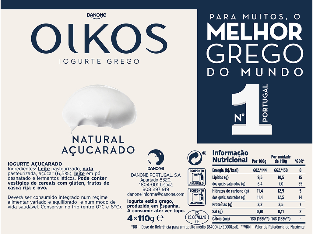 IOGURTE OIKOS DANONE GREGO NATURAL AÇÚCARADO 4X110G