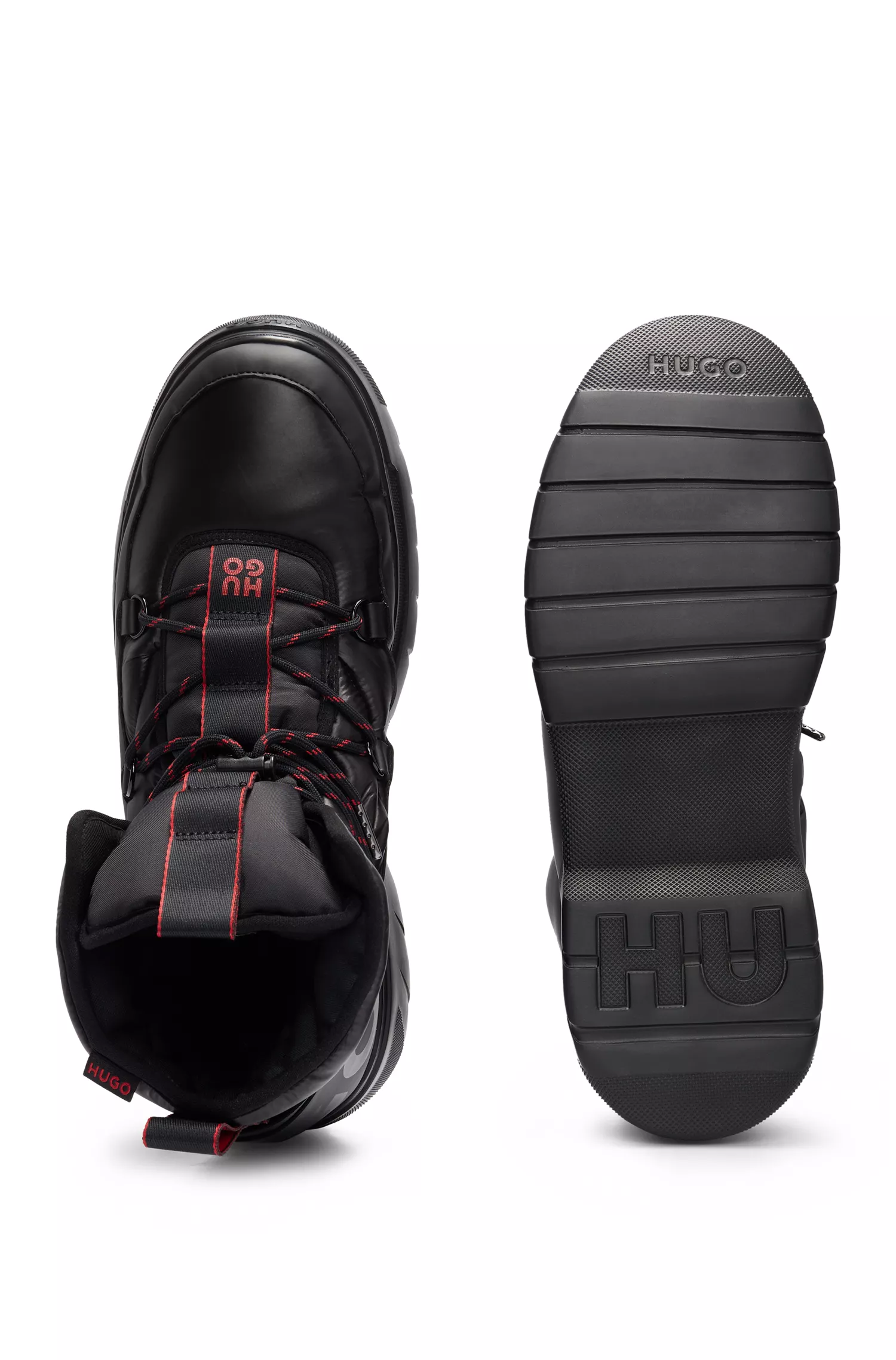 Botas de inverno HUGO vermelhas acolchoadas com detalhes da marca e cadarços estampados.