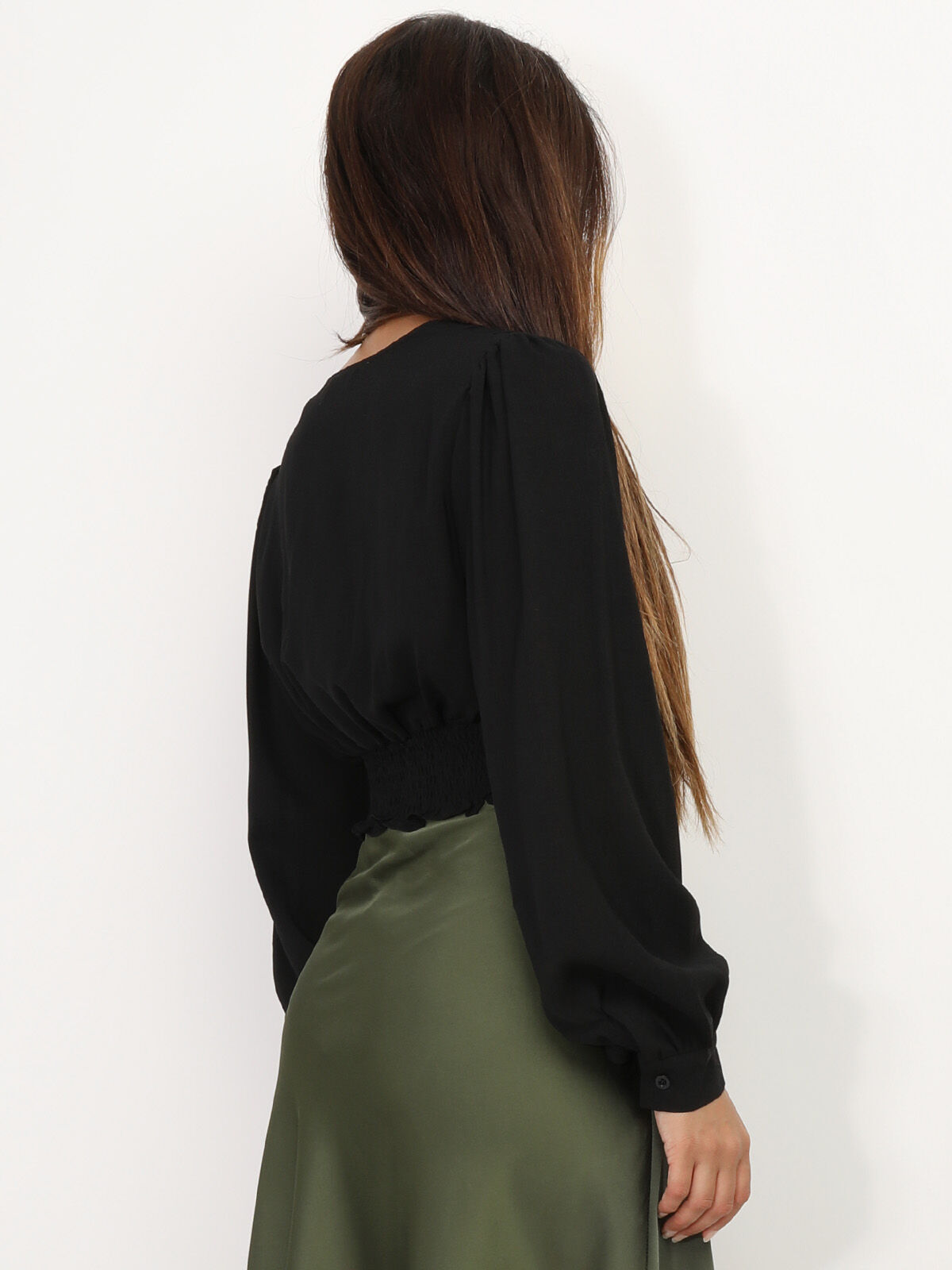 Blouse courte à manches ballons- Noir