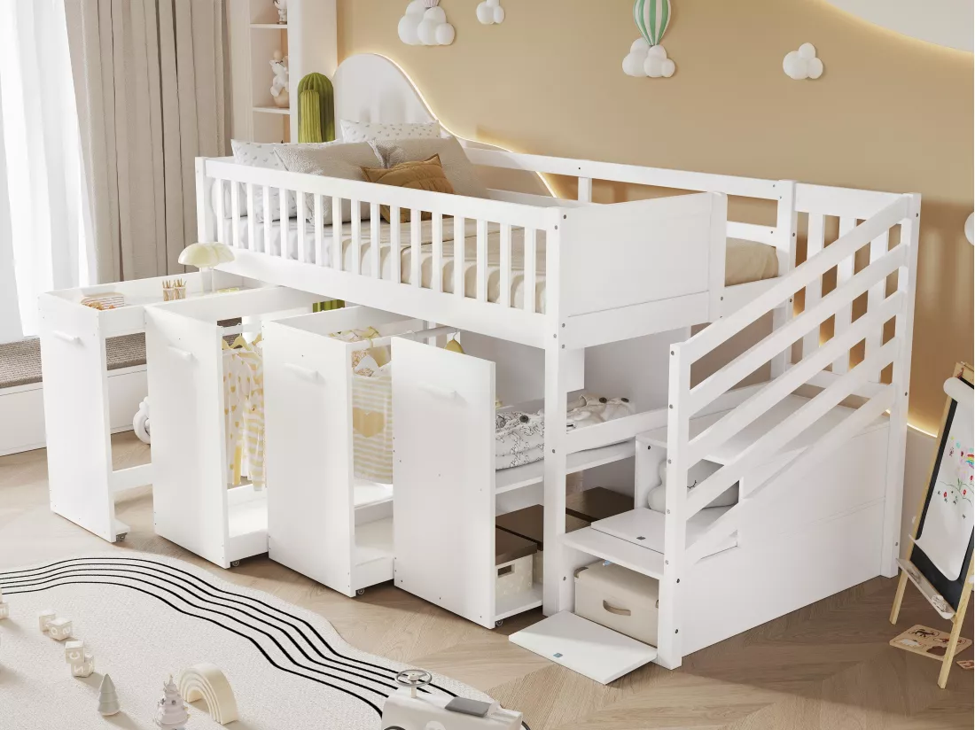 Lit mezzanine 90x200cm en bois - avec bureau/armoire/casiers amovibles et escalier de rangement - Blanc