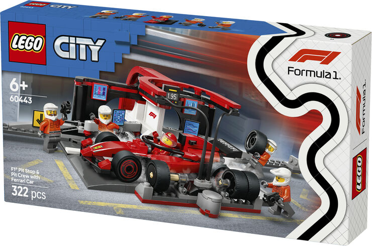 Lego F1-pitstop og pitcrew med Ferrari-bil