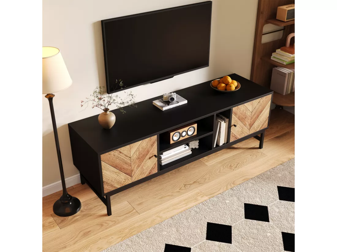 Meuble TV 150x38x55cm - avec étagères et 2 portes - Naturel + Noir