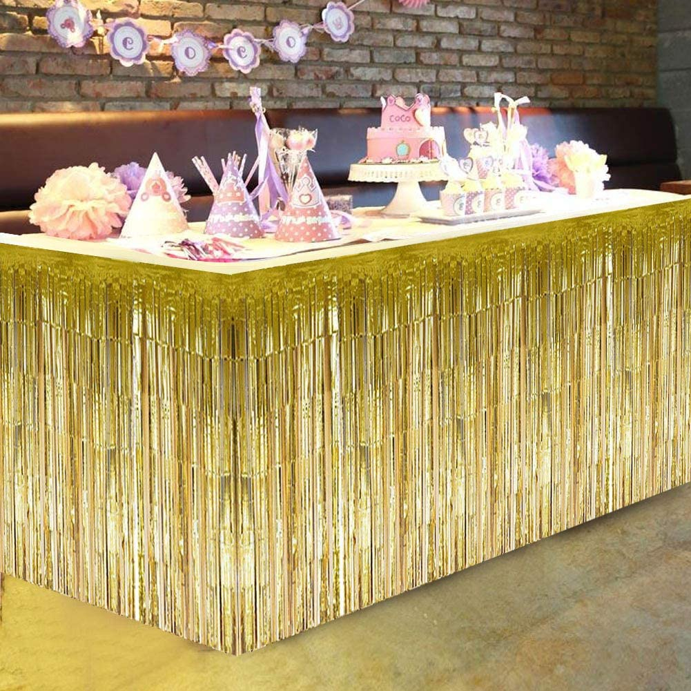 (275x75cm) Party Tisch Deko Metallic Lametta Vorhang Glänzender Fransen Vorhang für Apéro / Esstisch - Gold
