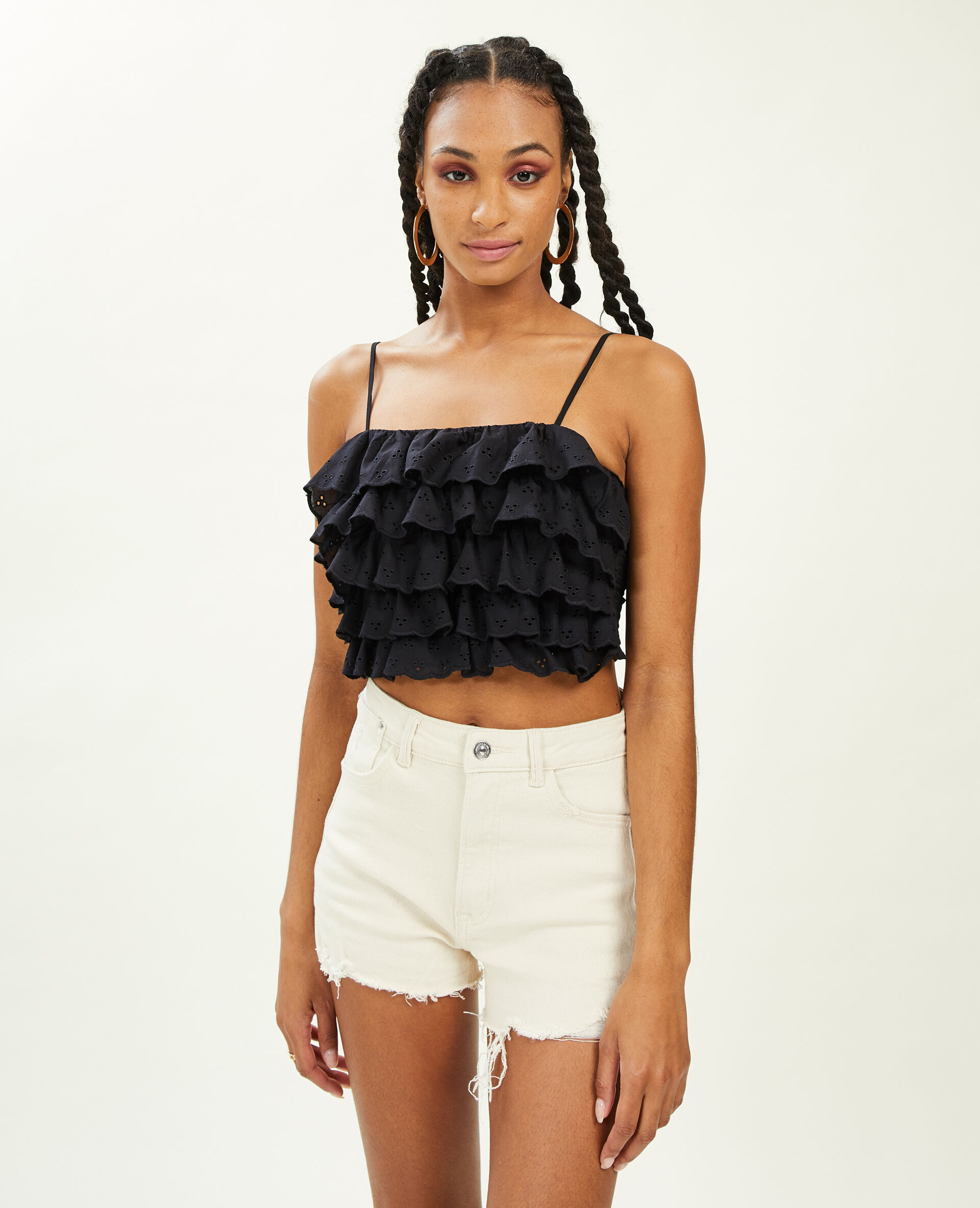 Top court à volants en broderie anglaise - Noir