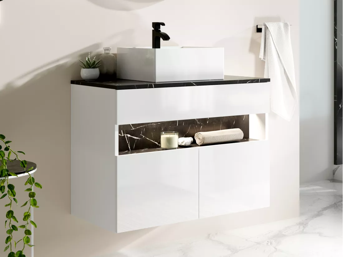 Meuble de salle de bain suspendu à LEDs avec vasque à poser - Blanc et noir effet marbre - L80 cm - POZEGA