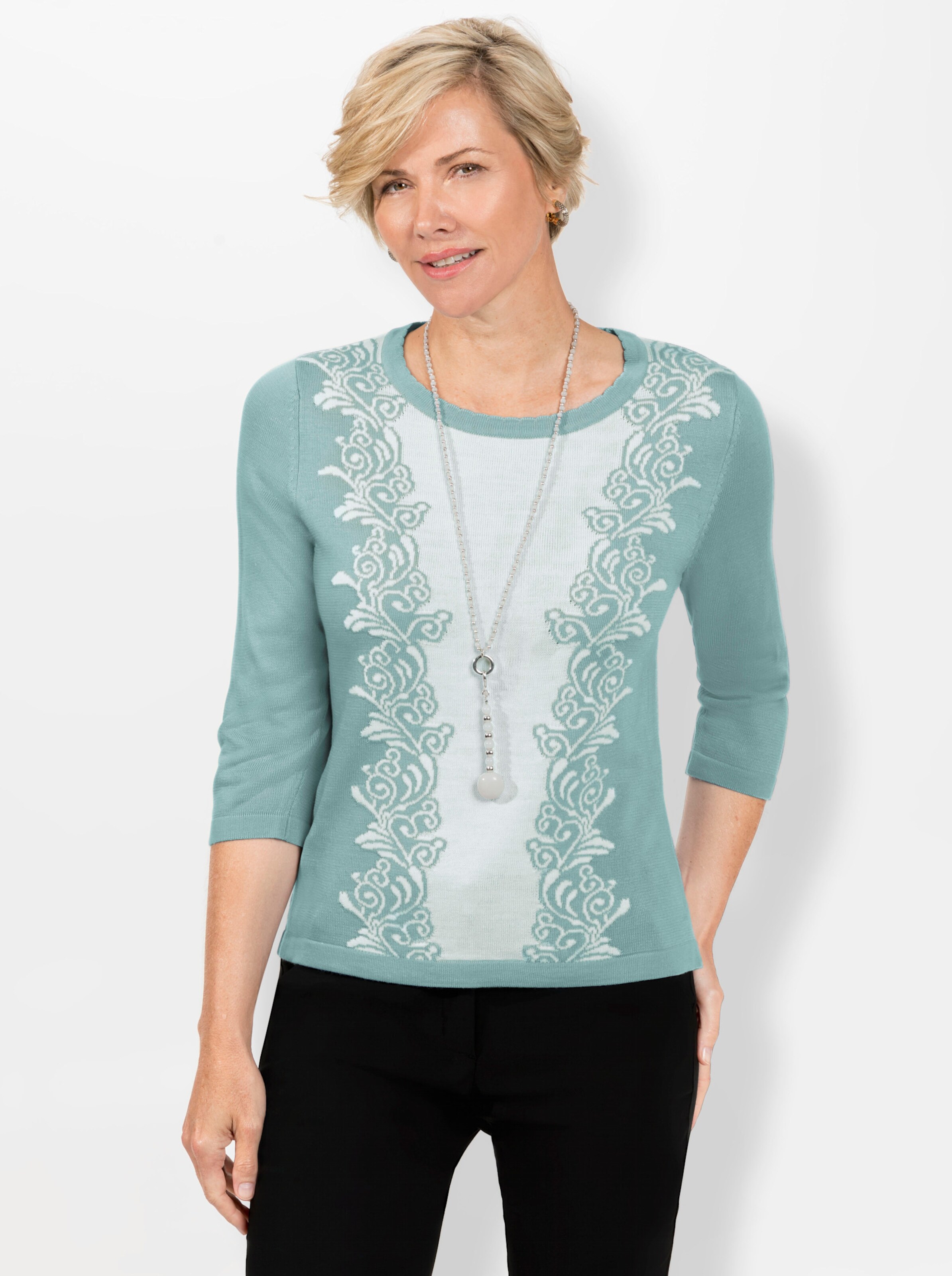 Pullover in mint-ecru-gemustert