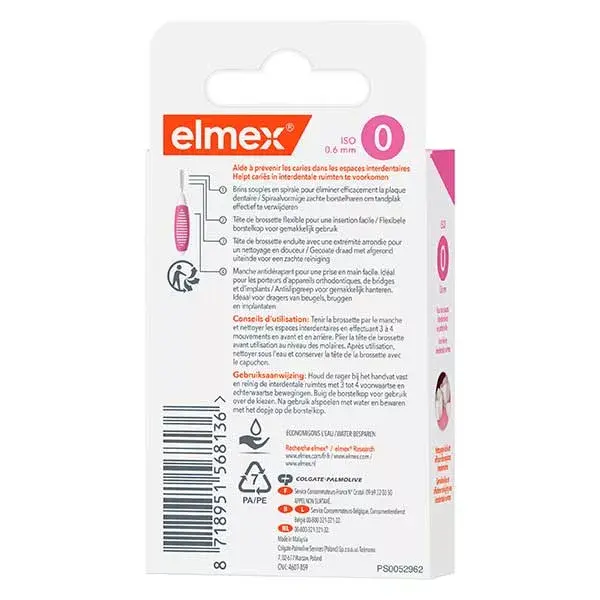 Elmex - Escovas Interdentais Tamanho 0 - 0,6 mm - Pacote com 8 escovas