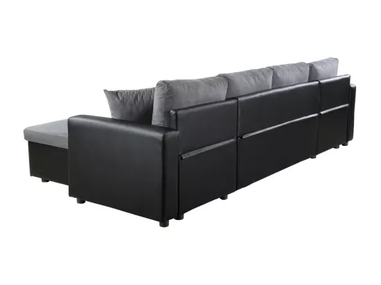 Canapé d'Angle Panoramique 6 Places Maria Convertible en simili et microfibre - Gris/Noir - L295 x P146 x H81cm - Loungitude
