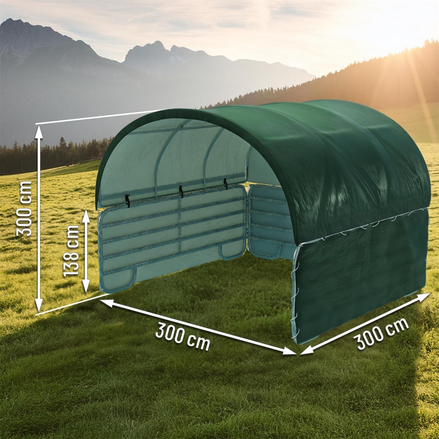 VOSS.farming Weidezelt 3,00 x 3,00m Weideunterstand Lagerzelt Rundbogen Komplettset grün UV-beständig