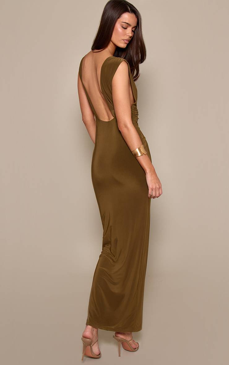 Kaki Robe Longue Moulante Double Couche À Décolleté Plongeant Avec Détails Contrastés