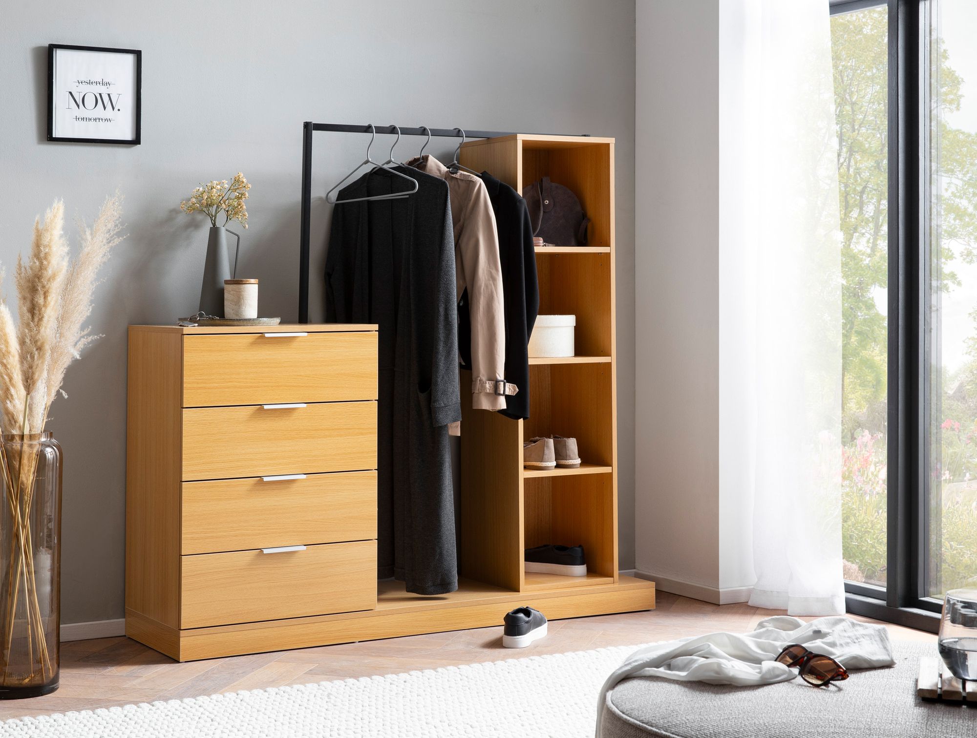 Garderobe FineBuy Kleiderschrank Eiche 145 cm Schubläden Regal Kleiderstange