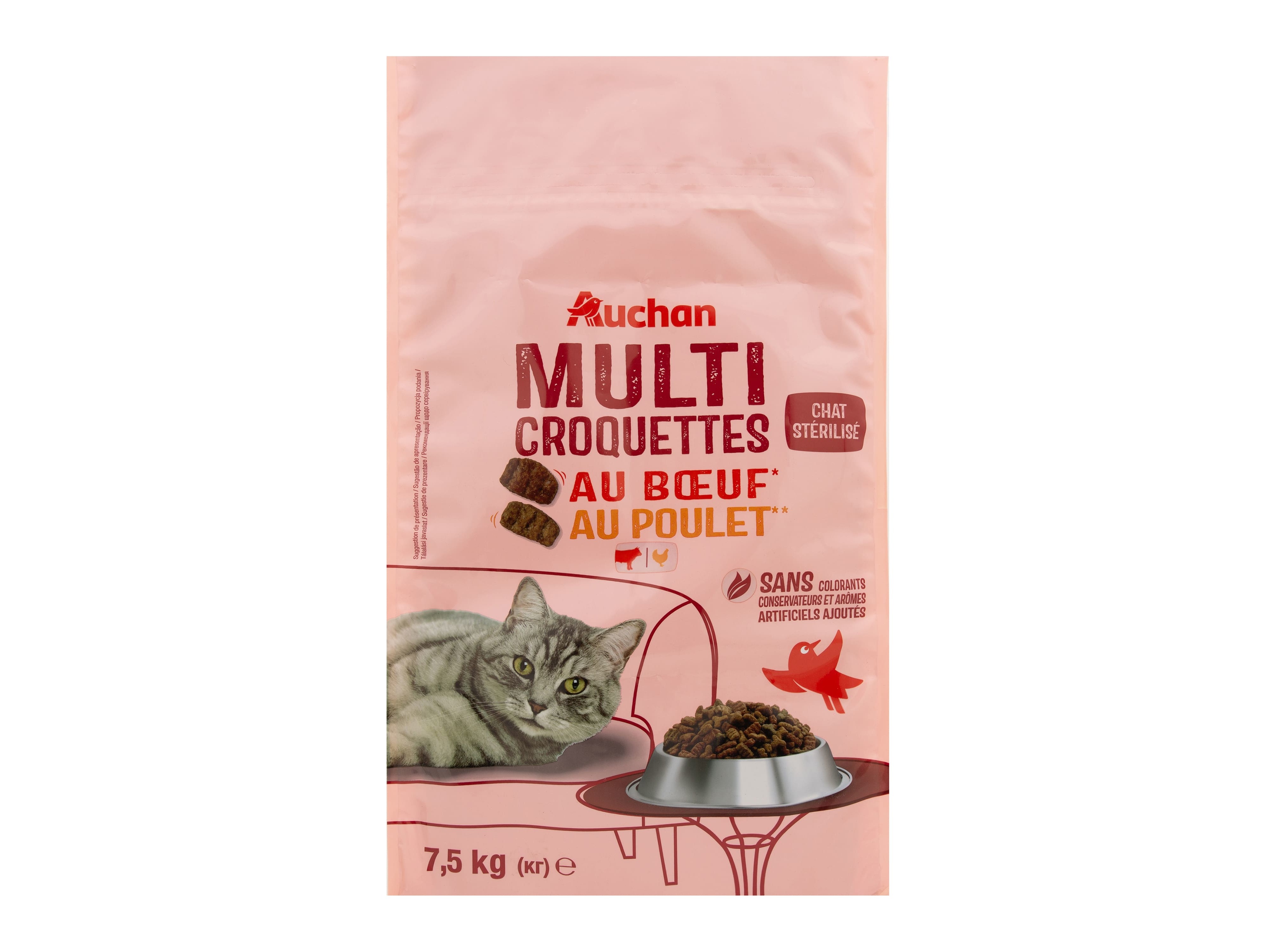 RAÇÃO PARA GATO AUCHAN ESTERILIZADO COM VACA E COM FRANGO 7.5KG