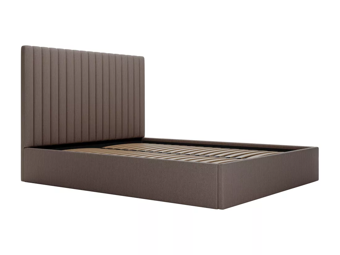 Lit coffre 160 x 200 cm avec tête de lit coutures verticales - Velours côtelé - Taupe - SARAH