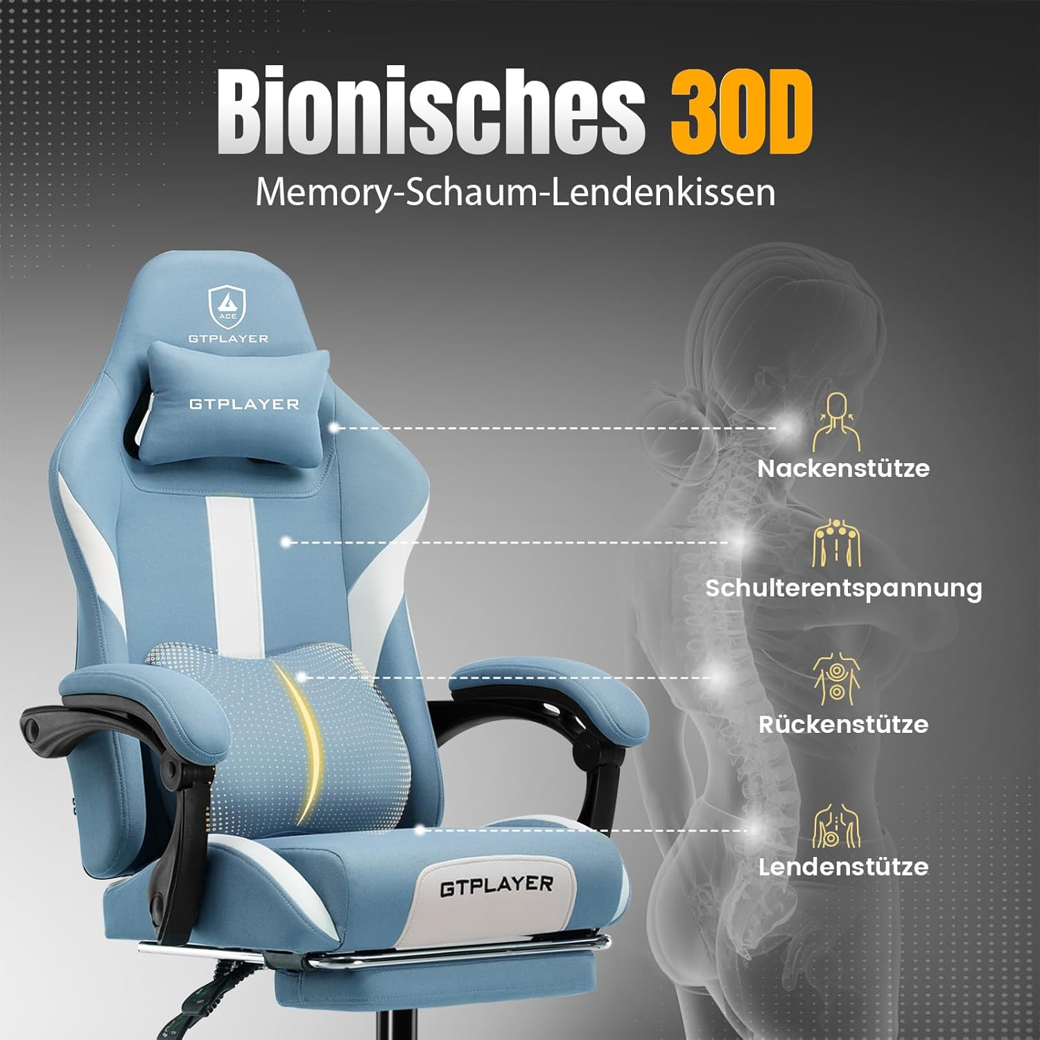 GTPLAYER Gaming Stuhl, Gamer Stuhl, Atmungsaktiver Bürostuhl aus Hochwertigem Stoff, Ergonomischer PC-Stuhl, Verstellbarer und Drehbarer Schreibtischstuhl mit Fußstütze, blau