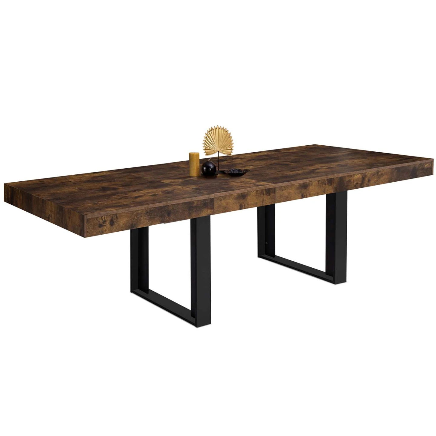 Table à manger extensible rectangle PHOENIX 6-12 personnes bois effet vieilli et noir 200-300 cm