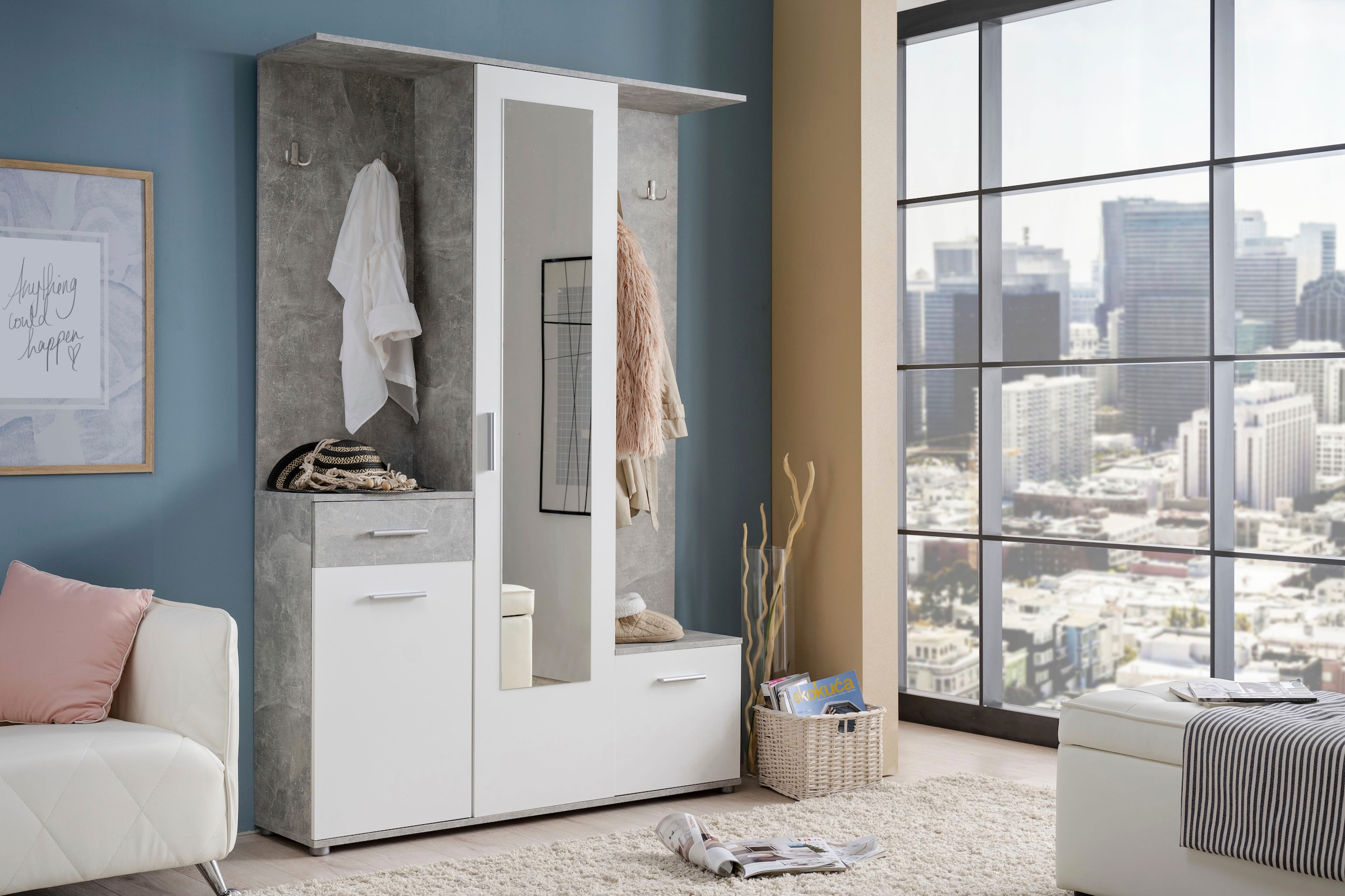 INOSIGN Kompaktgarderobe »Martin Flurgarderobe, Dielenschrank, Flurmöbel, Breite 134 cm« Schuhschrank, mit Spiegel, in modernen Farben, mit 10 Haken
