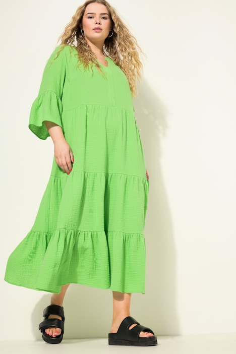 Maxikleid, A-Line, Musselin, Stehkragen, Volants, 3/4-Ärmel