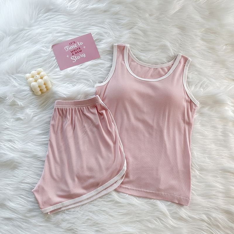Siensien - Pyjamaset: tanktop met ronde hals, contrasterende rand en geribbelde vulling + shorts met elastische taille