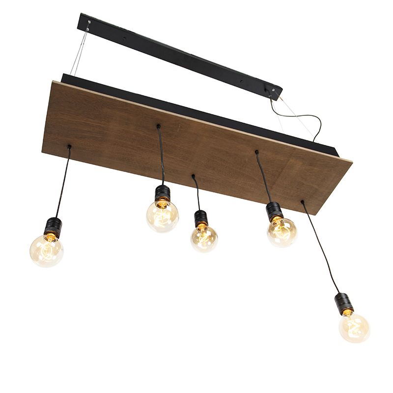 Landelijke hanglamp zwart met hout 5-lichts - Flair