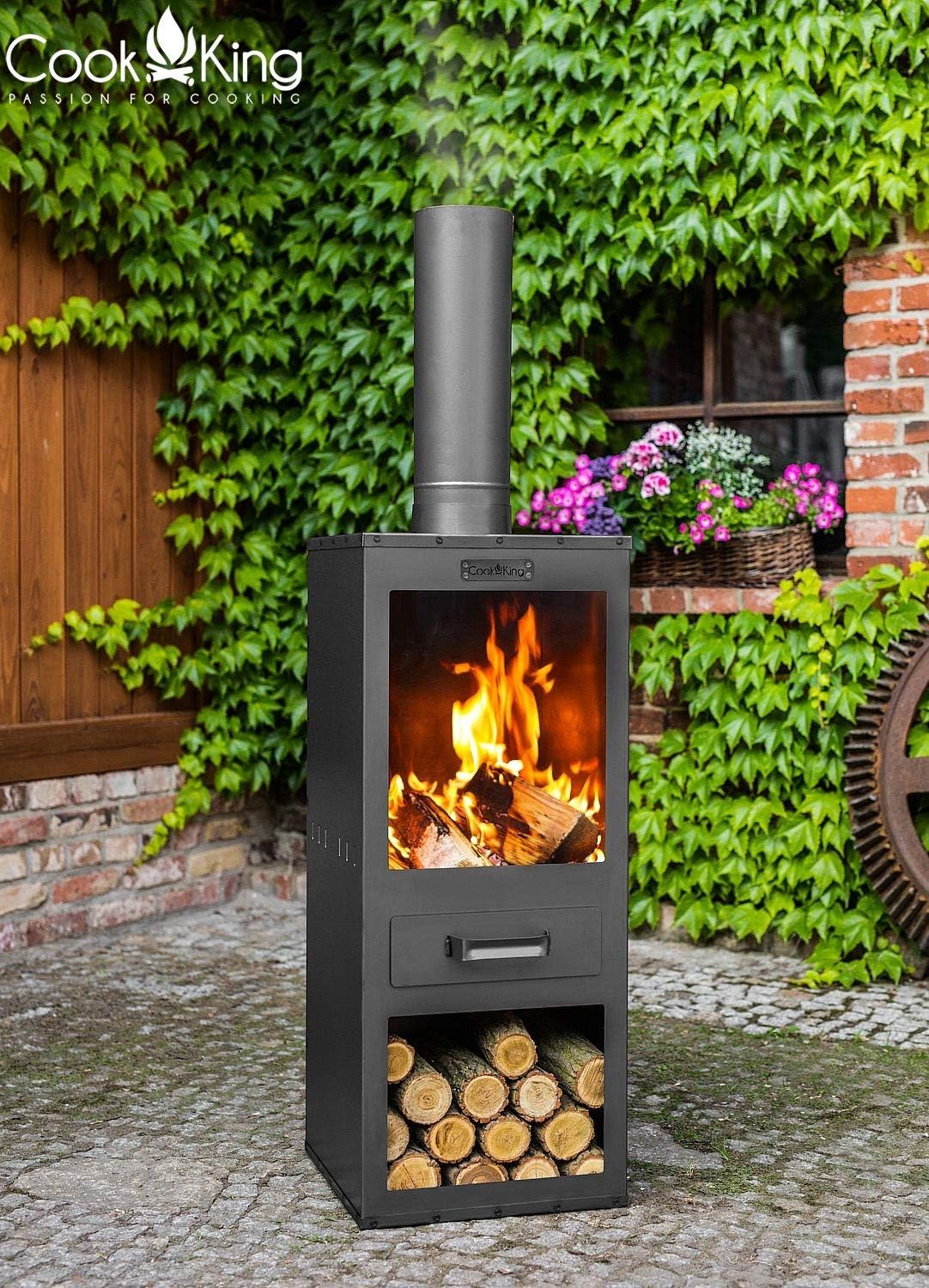 Gartenkamin Rosa Gartenofen H 150 cm zum Heizen und Grillen Terrassenofen aus Naturstahl Kamin Ofen CookKing