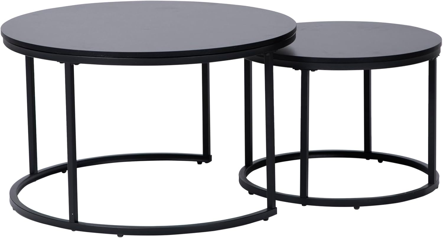 Home Collective Couchtisch 2er Set rund aus Holz, Wohnzimmertisch Modern, Beistelltisch Set 2 in 1 mit Metallgestell für Wohnzimmer Büro Beistelltisch Loft Design Twin | Schwarz