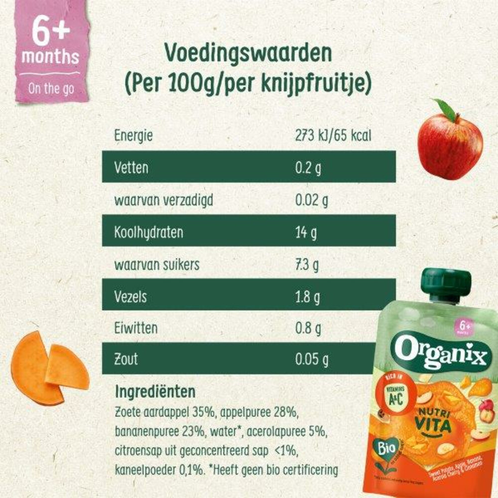 6x Organix Knijpfruit Nutra Vita Zoete Aardappel Kers Kaneel 6+m100 gr