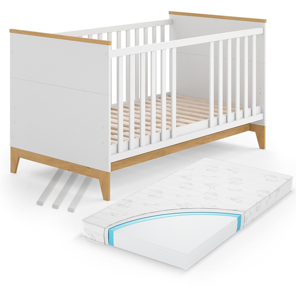 VitaliSpa Kinderbett Babybett Juniorbett Malia Weiß Eiche Matratze modern 70x140 cm Kinderzimmer Bett Babyzimmerbett Kindermöbel Babymöbel Schlupfsprossen Lattenrost Rausfallschutz Einzelbett