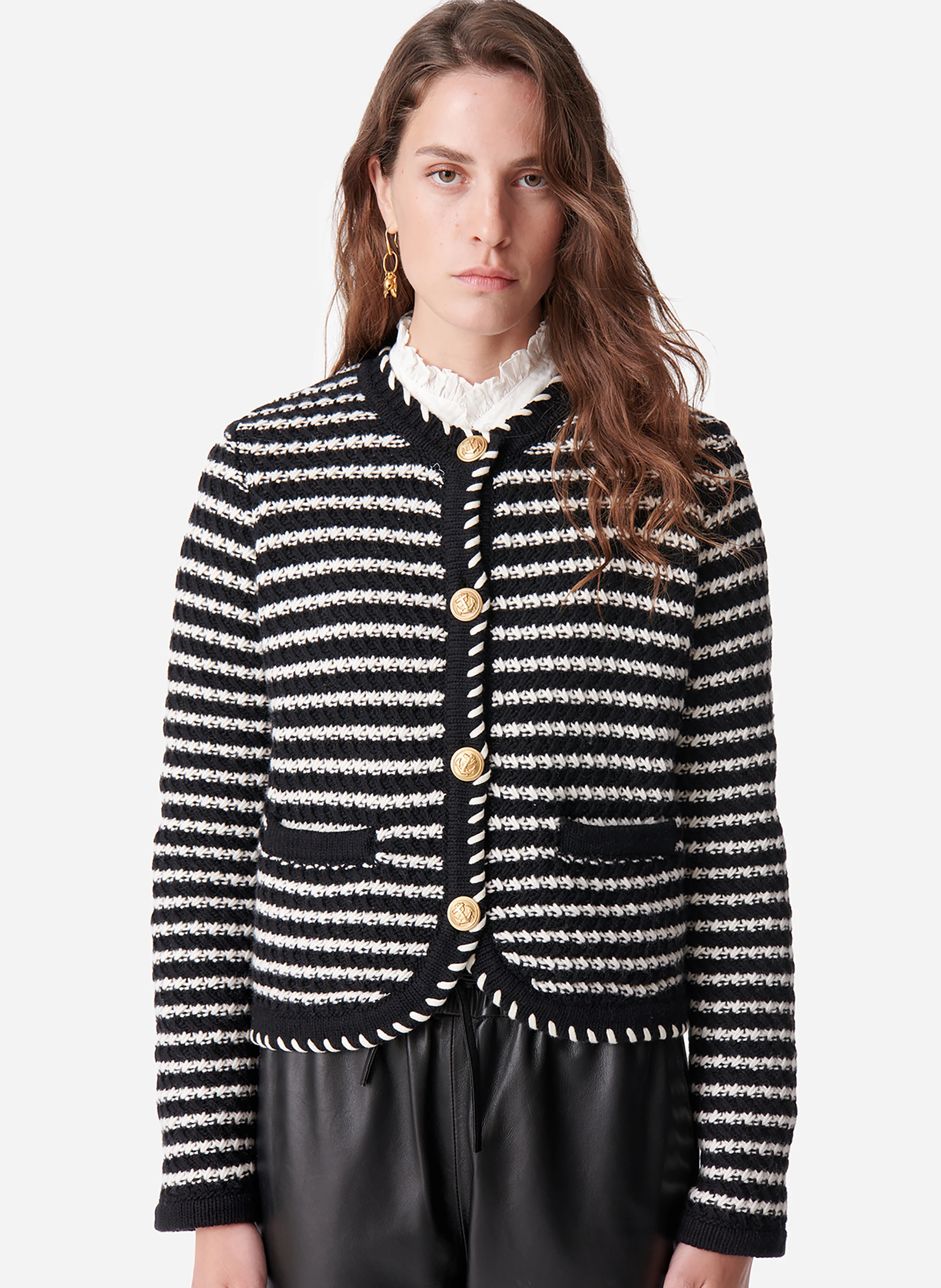 DAYA - Gilet col rond droit en laine et coton mélangé | Noir