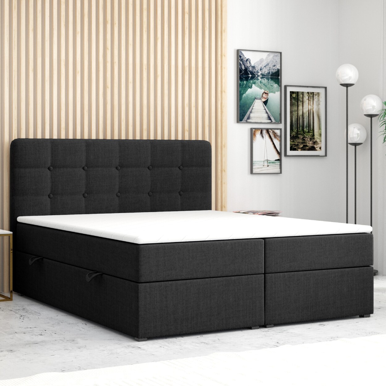 M-PunktBoxspringbett Prag inkl. VISCO Topper (180 x 200 cm) mit Bettkasten Chesterfield - Schwarz