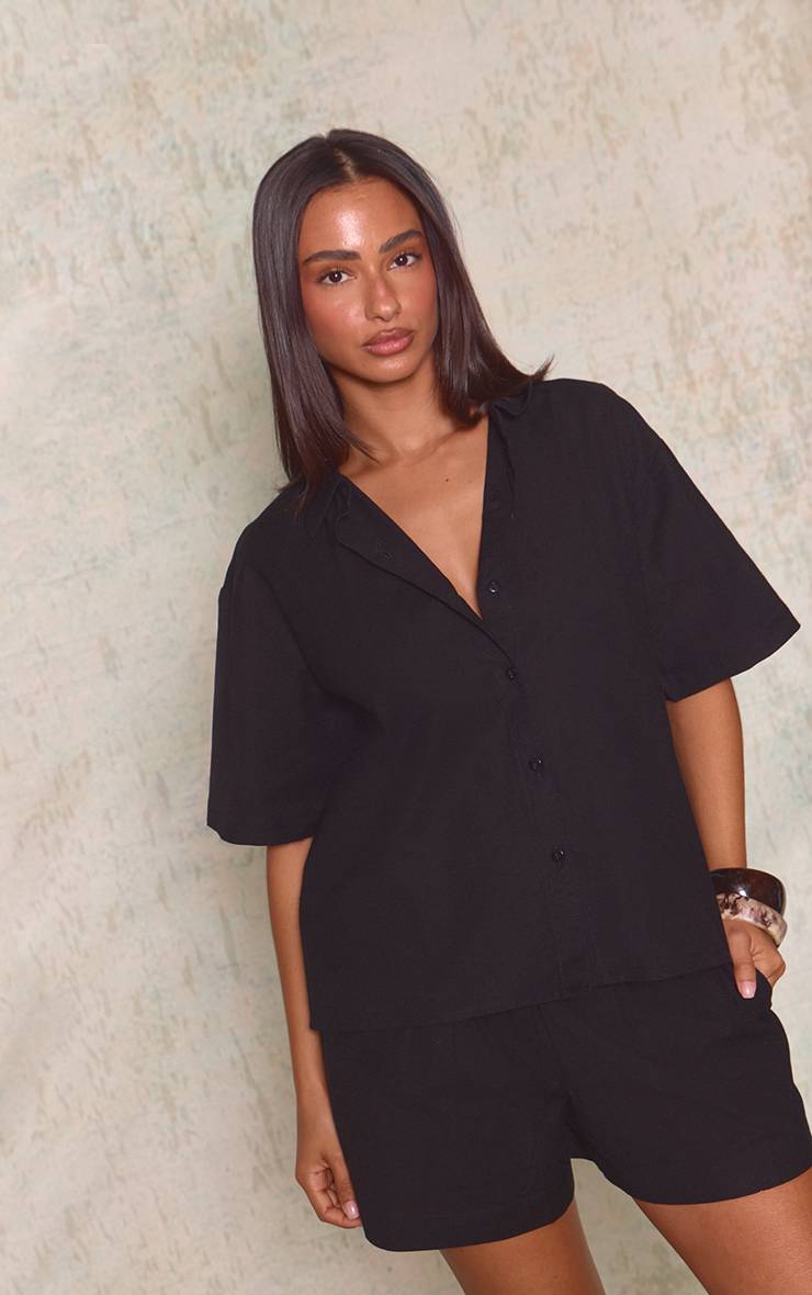 Noir Short Taille Élastiquée Fluide Aspect Lin Coordonné Petite