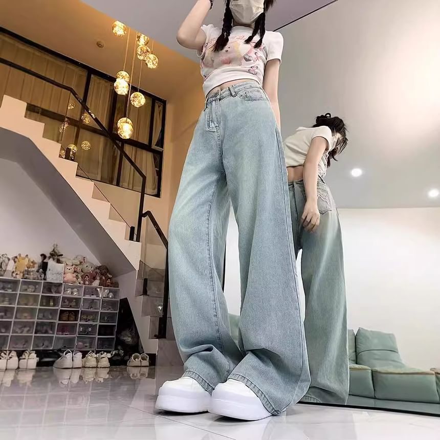 Kira Kira - High Waist Bow Borduursel Washed Wide Leg Jeans