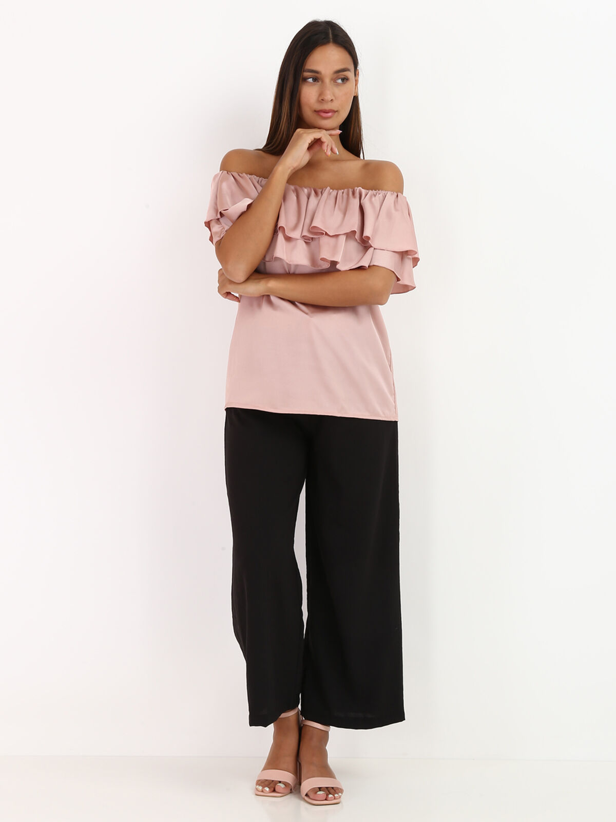 Top satiné à col bardot avec volants- Vieux rose