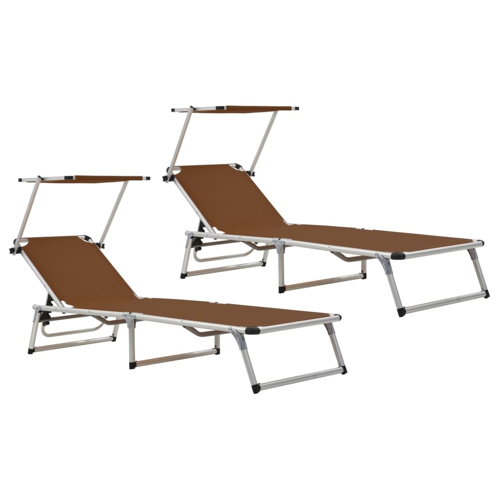 Lot de deux chaises longues pliables toit aluminium textilène marron