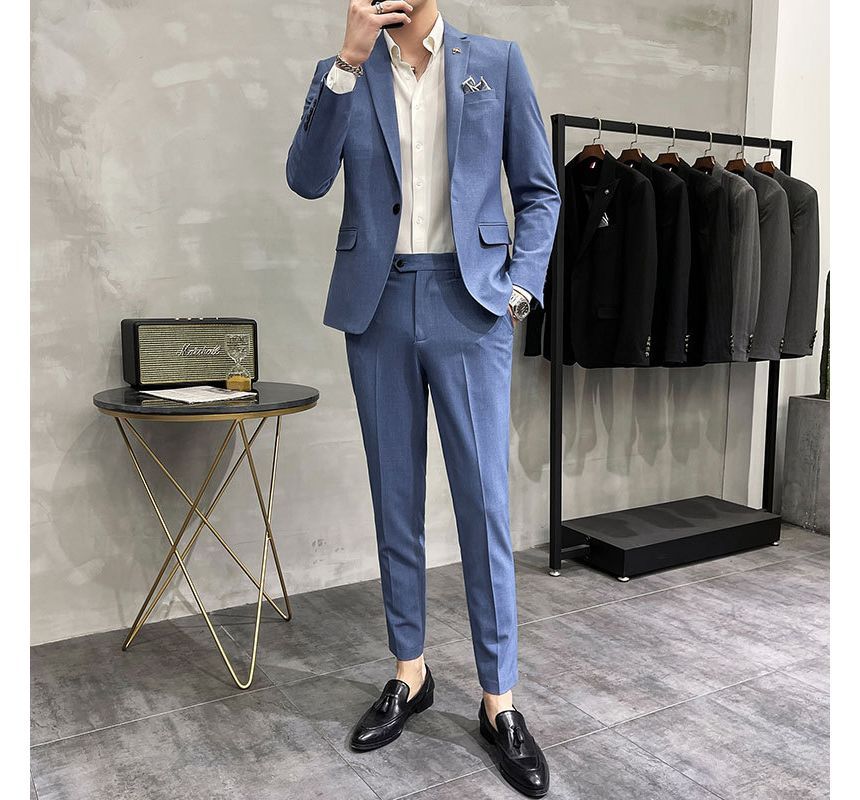 Deepwood - Set: Effen blazer met één knoop + Hoge taille rechte broek