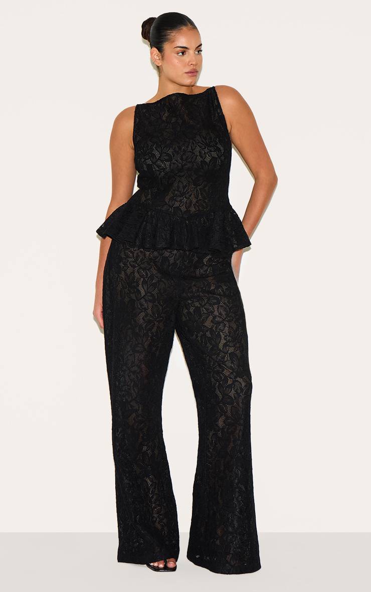 Noir Top Sans Manches Péplum En Dentelle Transparente Grande Taille Coordonné